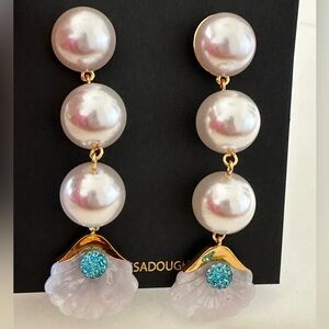 LELE Sadoughi pearl shell with blue crystal long drop earrings